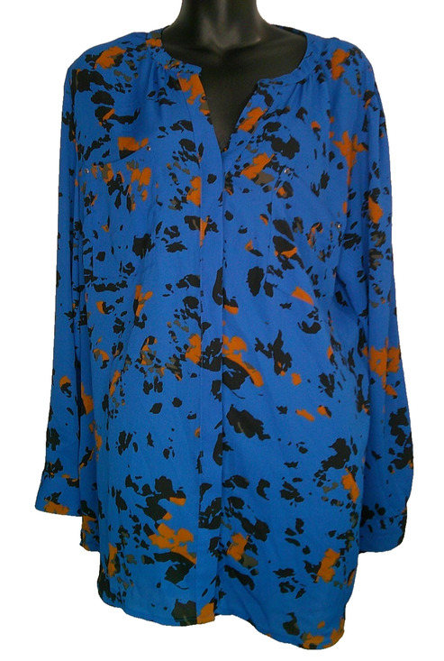 Apt 9 Tops - Apt 9 Long Sleeve Blue Hidden Button Blouse Splatter Pattern Leopard Pockets